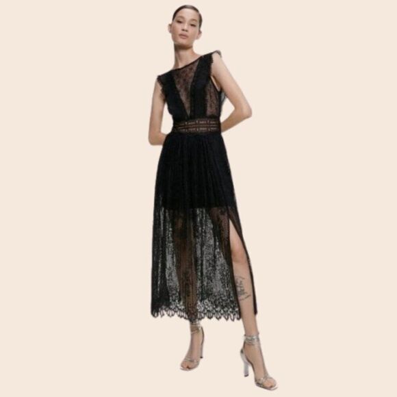 Zara Black Contrasting Lace Dress Midi Dress Size XS - Picture 1 of 14
